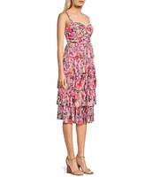 Honey and Rosie Pleated Floral Print Sleeveless Sweetheart Neck Keyhole Tiered Dress