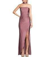 Honey and Rosie Pleated Strapless Side Slit Gown