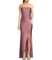 Honey and Rosie Pleated Strapless Side Slit Gown