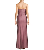 Honey and Rosie Pleated Strapless Side Slit Gown