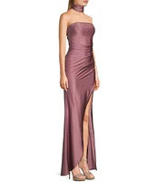 Honey and Rosie Pleated Strapless Side Slit Gown