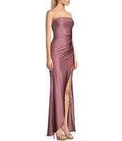 Honey and Rosie Pleated Strapless Side Slit Gown