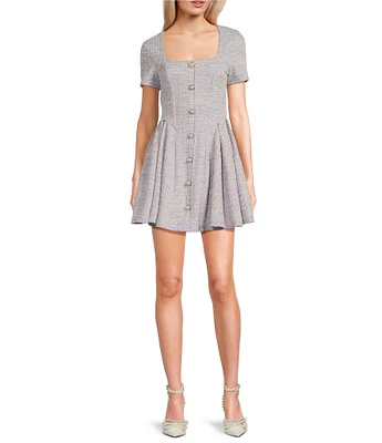 Honey and Rosie Printed Boucle Square Neck Short Sleeve Dress