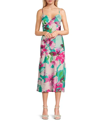 Honey and Rosie Printed Floral Satin Sleeveless Sweetheart Neckline Dress