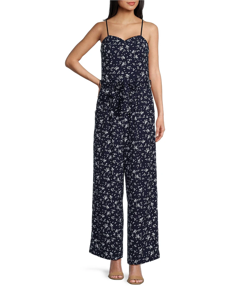 Honey and Rosie Printed Scuba Crepe Sweetheart Neck Spaghetti Strap Belted Jumpsuit