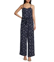 Honey and Rosie Printed Scuba Crepe Sweetheart Neck Spaghetti Strap Belted Jumpsuit