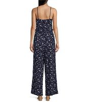 Honey and Rosie Printed Scuba Crepe Sweetheart Neck Spaghetti Strap Belted Jumpsuit