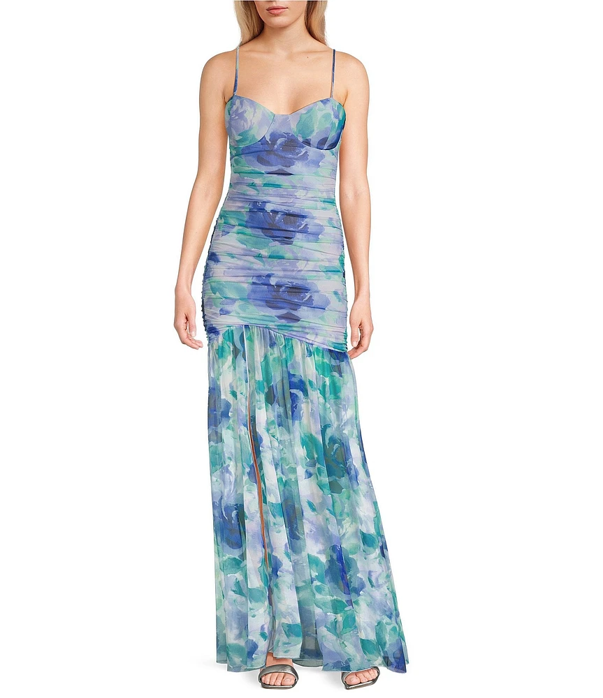 Honey and Rosie Printed Spaghetti Strap Sweetheart Neck Shirred Long Fitted Dress