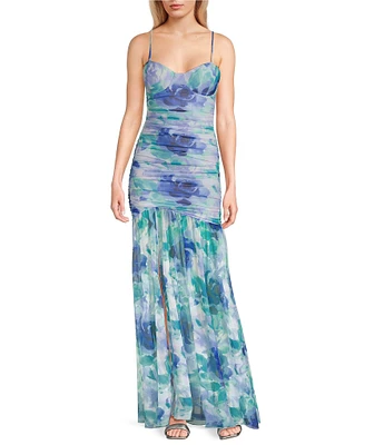 Honey and Rosie Printed Spaghetti Strap Sweetheart Neck Shirred Long Fitted Dress