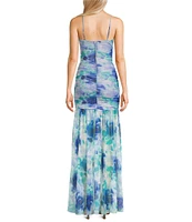 Honey and Rosie Printed Spaghetti Strap Sweetheart Neck Shirred Long Fitted Dress