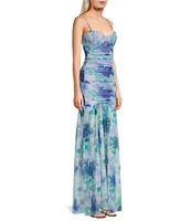 Honey and Rosie Printed Spaghetti Strap Sweetheart Neck Shirred Long Fitted Dress