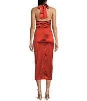 Honey and Rosie Royal Sateen Halter Plunge V-Neck Cummerbund Inspired Waist Midi Dress