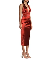 Honey and Rosie Royal Sateen Halter Plunge V-Neck Cummerbund Inspired Waist Midi Dress