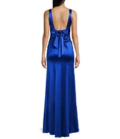 Honey and Rosie Sateen Sleeveless Square Neck Tank A-Line Front Slit Gown