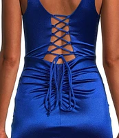 Honey and Rosie Sateen Sweetheart Neck Peek-A-Boo Lace Up Back Fitted Dress