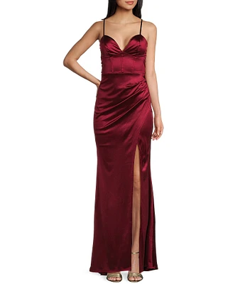 Honey and Rosie Sateen V-Neck Pleated Mermaid Gown