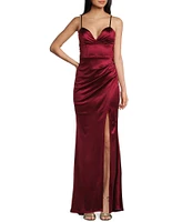 Honey and Rosie Sateen V-Neck Pleated Mermaid Gown