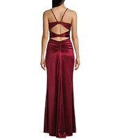 Honey and Rosie Sateen V-Neck Pleated Mermaid Gown