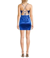 Honey and Rosie Satin Lace-Up Back Wrap Mini Dress
