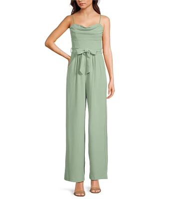 Honey and Rosie Scuba Crepe Drape Neck Spaghetti Strap Corset-Inspired Bodice Tie Front Full Length Jumpsuit