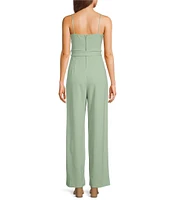 Honey and Rosie Scuba Crepe Drape Neck Spaghetti Strap Corset-Inspired Bodice Tie Front Full Length Jumpsuit