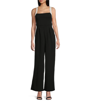 Honey and Rosie Scuba Crepe Square Neck Contrast Straps and Tie Back Pleated Front Jumpsuit
