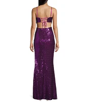 Honey and Rosie Sequin Lace-Up Back Cut-Out Long Dress