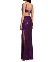 Honey and Rosie Sequin Lace-Up Back Cut-Out Long Dress