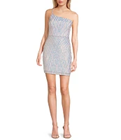 Honey and Rosie Sequin Mesh One Shoulder Double Spaghetti Strap Fitted Dress