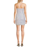 Honey and Rosie Sequin Mesh One Shoulder Double Spaghetti Strap Fitted Dress