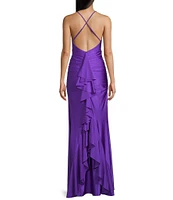 Honey and Rosie Shirred Cross Strap Back Ruffle Back Long Dress