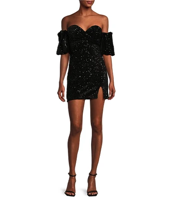 Honey and Rosie Shoulder Puff Short Sleeve Tamia Sequins Velvet Dress