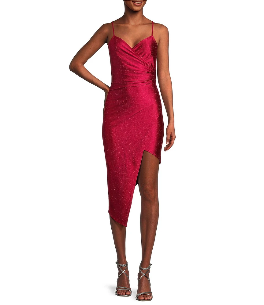 Honey and Rosie Spaghetti Strap Asymmetrical Hem Faux-Wrap Shimmery Stretch Satin Dress