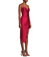 Honey and Rosie Spaghetti Strap Asymmetrical Hem Faux-Wrap Shimmery Stretch Satin Dress