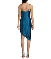 Honey and Rosie Spaghetti Strap Asymmetrical Hem Faux-Wrap Shimmery Stretch Satin Dress