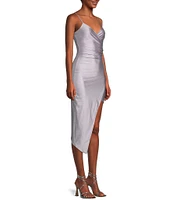 Honey and Rosie Spaghetti Strap Asymmetrical Hem Faux-Wrap Shimmery Stretch Satin Dress