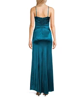 Honey and Rosie Spaghetti Strap Notch Neck Side Slit Cinched Back Stretch Satin Long Dress