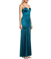 Honey and Rosie Spaghetti Strap Notch Neck Side Slit Cinched Back Stretch Satin Long Dress