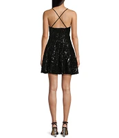 Honey and Rosie Spaghetti Strap Sleeveless Fit And Flare Short Sequin Dress