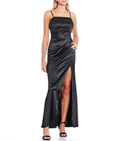 Honey and Rosie Spaghetti-Strap Square-Neck Faux-Wrap Slit Hem Stretch Satin Long Dress