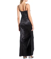 Honey and Rosie Spaghetti-Strap Square-Neck Faux-Wrap Slit Hem Stretch Satin Long Dress