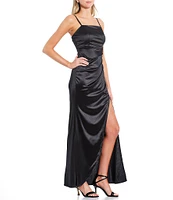 Honey and Rosie Spaghetti-Strap Square-Neck Faux-Wrap Slit Hem Stretch Satin Long Dress