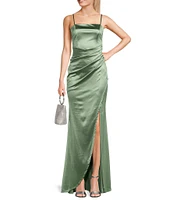 Honey and Rosie Spaghetti-Strap Square-Neck Faux-Wrap Slit Hem Stretch Satin Long Dress