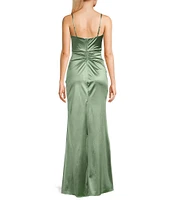 Honey and Rosie Spaghetti-Strap Square-Neck Faux-Wrap Slit Hem Stretch Satin Long Dress