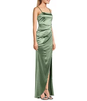 Honey and Rosie Spaghetti-Strap Square-Neck Faux-Wrap Slit Hem Stretch Satin Long Dress