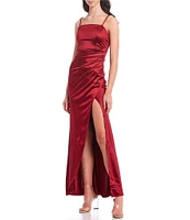 Honey and Rosie Spaghetti-Strap Square-Neck Faux-Wrap Slit Hem Stretch Satin Long Dress