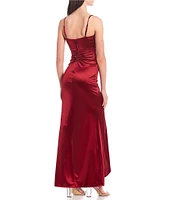 Honey and Rosie Spaghetti-Strap Square-Neck Faux-Wrap Slit Hem Stretch Satin Long Dress