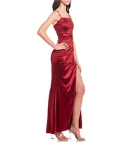 Honey and Rosie Spaghetti-Strap Square-Neck Faux-Wrap Slit Hem Stretch Satin Long Dress