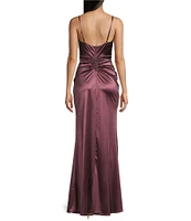 Honey and Rosie Spaghetti-Strap Square-Neck Faux-Wrap Slit Hem Stretch Satin Long Dress