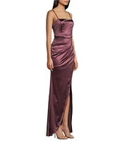 Honey and Rosie Spaghetti-Strap Square-Neck Faux-Wrap Slit Hem Stretch Satin Long Dress